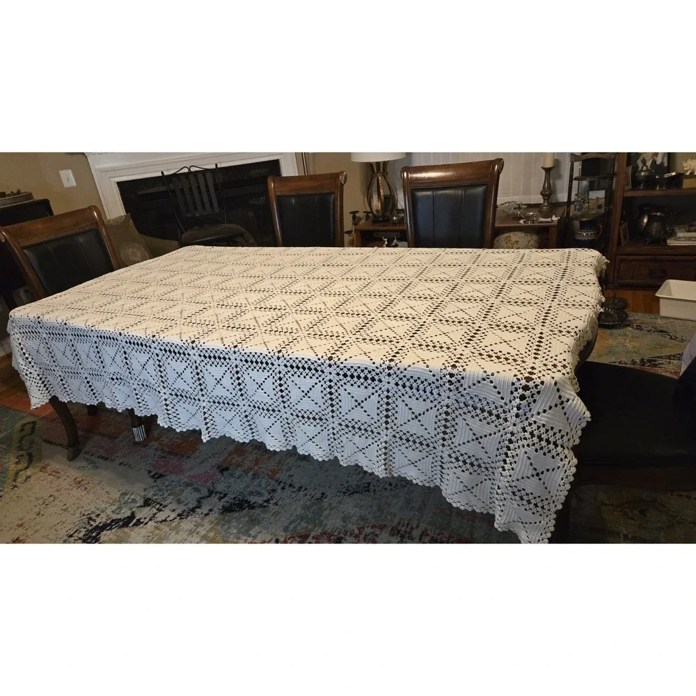 Handcrafted Crocket Beadspead Bed Table Covering Tablecloth Cream Handmade 91x69